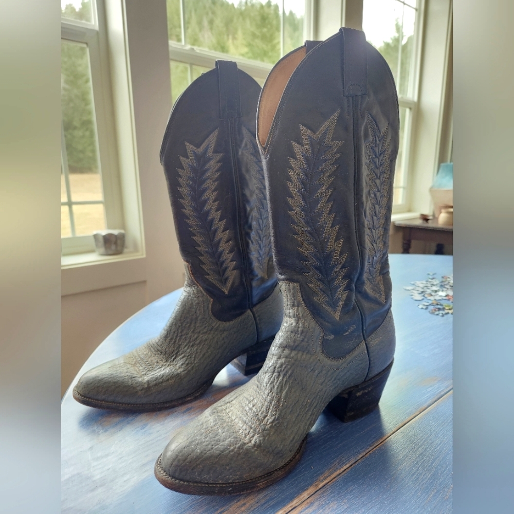 Sanders Leather Gray and Navy Blue/Black Cowboy Boots Men's 8.5/9